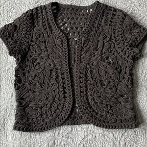VTG Coldwater Creek Short Sleeve Cardigan Bolero Black Heavy Crocheted - Medium